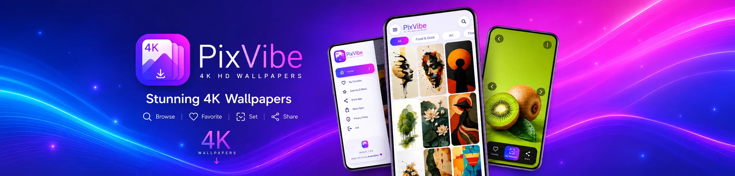 Wallpaper app banner showing image collections and Android wallpaper previews